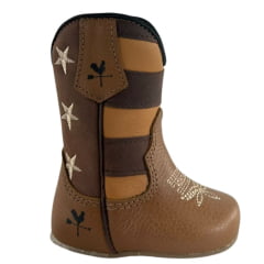 Bota Texana Baby Caminhos Da Roça Couro Whisky Com Zíper E Cano Marrom E Caramelo Com Estrelas Ref:KB32-2