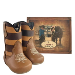 Bota Texana Baby Caminhos Da Roça Couro Whisky Com Zíper E Cano Marrom E Caramelo Com Estrelas Ref:KB32-2