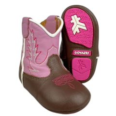 Bota Texana Baby Goyazes Bico Redondo Couro Telha Marrom Cano Lilás Ref:255201