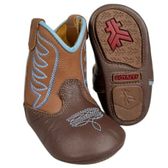 Bota Texana Baby Goyazes Bico Redondo Couro Telha Marrom Bordado Azul Ref:25520