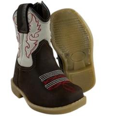 Bota Texana Inf Baby Aragoni Couro Fóssil Café C/Marfim Cano Com Zíper E Bordado Sola Pvc Natural Bico Quadrado  REFA006