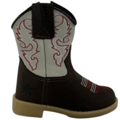 Bota Texana Infantil Baby Aragoni Couro Fóssil Café Marfim Com Zíper Sola Pvc Natural Bico Quadrado REFA006