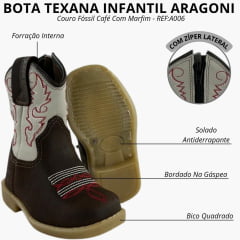 Bota Texana Infantil Baby Aragoni Couro Fóssil Café Marfim Com Zíper Sola Pvc Natural Bico Quadrado REFA006