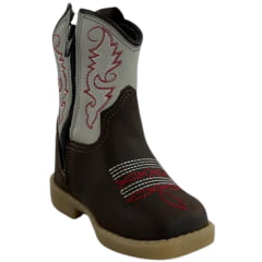 Bota Texana Infantil Baby Aragoni Couro Fóssil Café Marfim Com Zíper Sola Pvc Natural Bico Quadrado REFA006
