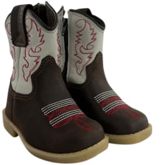 Bota Texana Infantil Baby Aragoni Couro Fóssil Café Marfim Com Zíper Sola Pvc Natural Bico Quadrado REFA006