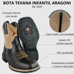Bota Texana Infantil Aragoni Bico Quadrado Couro Fóssil Café Com Marfim Bordado Logo E Florão Sola PVC Poney - Ref. A020
