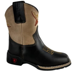 Bota Texana Infantil Aragoni Bico Quadrado Couro Fóssil Café Com Marfim Bordado Logo E Florão Sola PVC Poney - Ref. A020