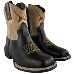 Bota Texana Infantil Aragoni Bico Quadrado Couro Fóssil Café Com Marfim Bordado Logo E Florão Sola PVC Poney - Ref. A020