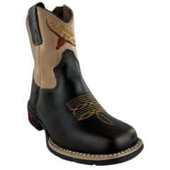 Bota Texana Infantil Aragoni Bico Quadrado Couro Fóssil Café Com Marfim Bordado Logo E Florão Sola PVC Poney - Ref. A020