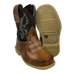 Bota Texana Infantil Aragoni Bico Quadrado Couro Fóssil Pinhão Com Café Bordado Branco e Amarelo Sola PVC - Ref. A006