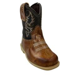 Bota Texana Infantil Aragoni Bico Quadrado Couro Fóssil Pinhão Com Café Bordado Branco e Amarelo Sola PVC - Ref. A006