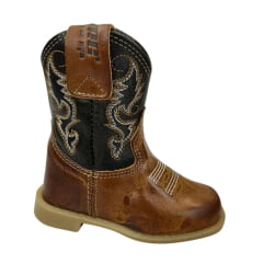 Bota Texana Infantil Aragoni Bico Quadrado Couro Fóssil Pinhão Com Café Bordado Branco e Amarelo Sola PVC - Ref. A006