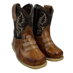 Bota Texana Infantil Aragoni Bico Quadrado Couro Fóssil Pinhão Com Café Bordado Branco e Amarelo Sola PVC - Ref. A006