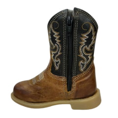 Bota Texana Infantil Aragoni Bico Quadrado Couro Fóssil Pinhão Com Café Bordado Branco e Amarelo Sola PVC - Ref. A006