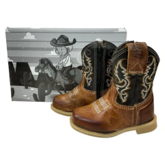 Bota Texana Infantil Aragoni Bico Quadrado Couro Fóssil Pinhão Com Café Bordado Branco e Amarelo Sola PVC - Ref. A006