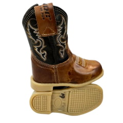 Bota Texana Infantil Aragoni Bico Quadrado Couro Fóssil Pinhão Com Café Bordado Branco e Amarelo Sola PVC - Ref. A006