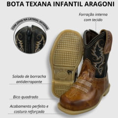 Bota Texana Infantil Aragoni Bico Quadrado Couro Fóssil Pinhão Com Café Bordado Branco e Amarelo Sola PVC - Ref. A006