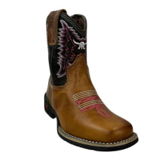 Bota Texana Infantil Aragoni Bico Quadrado Couro Fóssil Pinhão Com Café Bordado Branco e Rosa - Ref. A021