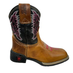 Bota Texana Infantil Aragoni Bico Quadrado Couro Fóssil Pinhão Com Café Bordado Branco e Rosa - Ref. A021