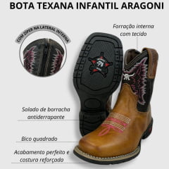 Bota Texana Infantil Aragoni Bico Quadrado Couro Fóssil Pinhão Com Café Bordado Branco e Rosa - Ref. A021