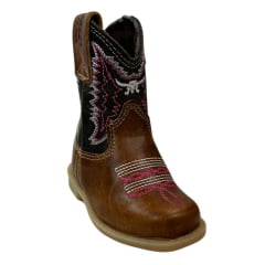 Bota Texana Infantil Aragoni Bico Quadrado Couro Fóssil Pinhão Com Café Bordado Branco e Rosa Sola PVC - Ref. A021