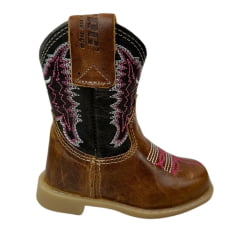 Bota Texana Infantil Aragoni Bico Quadrado Couro Fóssil Pinhão Com Café Bordado Branco e Rosa Sola PVC - Ref. A021