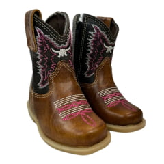 Bota Texana Infantil Aragoni Bico Quadrado Couro Fóssil Pinhão Com Café Bordado Branco e Rosa Sola PVC - Ref. A021