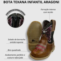 Bota Texana Infantil Aragoni Bico Quadrado Couro Fóssil Pinhão Com Café Bordado Branco e Rosa Sola PVC - Ref. A021