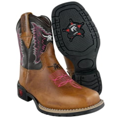 Bota Texana Infantil Aragoni Bico Quadrado Couro Fóssil Pinhão Com Café Bordado Branco e Rosa Sola PVC - Ref. A021