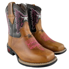 Bota Texana Infantil Aragoni Bico Quadrado Couro Fóssil Pinhão Com Café Bordado Branco e Rosa Sola PVC - Ref. A021