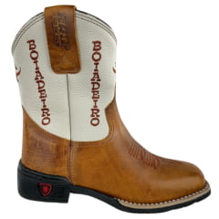 Bota Texana Infantil Aragoni Bico Quadrado Couro Fóssil Pinhão Com Marfim Bordado Boiadeiro - Ref. A046