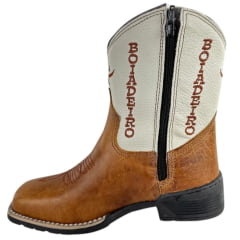 Bota Texana Infantil Aragoni Bico Quadrado Couro Fóssil Pinhão Com Marfim Bordado Boiadeiro - Ref. A046