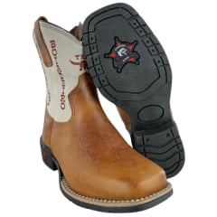 Bota Texana Infantil Aragoni Bico Quadrado Couro Fóssil Pinhão Com Marfim Bordado Boiadeiro - Ref. A046
