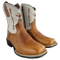 Bota Texana Infantil Aragoni Bico Quadrado Couro Fóssil Pinhão Com Marfim Bordado Boiadeiro - Ref. A046