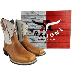 Bota Texana Infantil Aragoni Bico Quadrado Couro Fóssil Pinhão Com Marfim Bordado Boiadeiro - Ref. A046