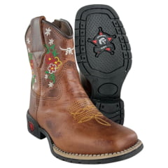 Bota Texana Infantil Aragoni Bico Quadrado Couro Fóssil Sella Bordado Flores - Ref. A050