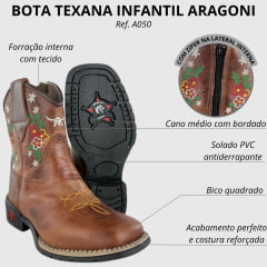 Bota Texana Infantil Aragoni Bico Quadrado Couro Fóssil Sella Bordado Flores - Ref. A050