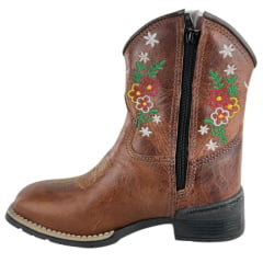 Bota Texana Infantil Aragoni Bico Quadrado Couro Fóssil Sella Bordado Flores - Ref. A050