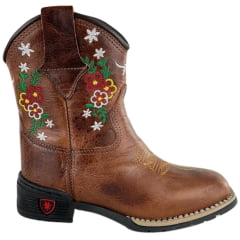 Bota Texana Infantil Aragoni Bico Quadrado Couro Fóssil Sella Bordado Flores - Ref. A050