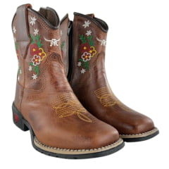 Bota Texana Infantil Aragoni Bico Quadrado Couro Fóssil Sella Bordado Flores - Ref. A050