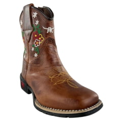 Bota Texana Infantil Aragoni Bico Quadrado Couro Fóssil Sella Bordado Flores - Ref. A050