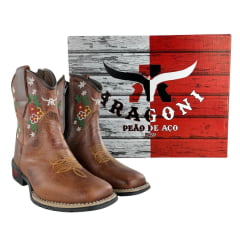 Bota Texana Infantil Aragoni Bico Quadrado Couro Fóssil Sella Bordado Flores - Ref. A050