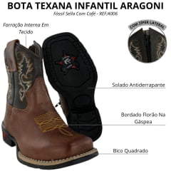 Bota Texana Infantil Aragoni Bico Quadrado Fóssil Sella Café Sola PVC Poney REF:A006