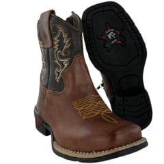 Bota Texana Infantil Aragoni Bico Quadrado Couro Fóssil Sella Com Café Bordado Branco E Amarelo Sola PVC Poney REF:A006