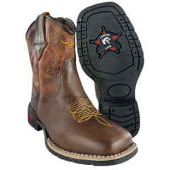 Bota Texana Infantil Aragoni Bico Quadrado Couro Fóssil Tabaco Com Sella Bordado - Ref. A031