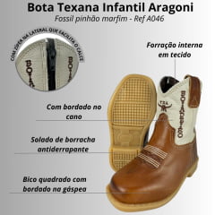 Bota Texana infantil Aragoni Couro Fóssil Pinhão Com Marfim Bordado Boiadeiro Ref:A046