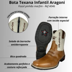 Bota Texana Infantil Aragoni Couro Fóssil Pinhão Com Marfim Bordado Boideiro C/ Zíper E Solado Preto Ref: A046