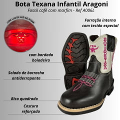 Bota Texana Infantil Aragoni Feminina Couro Fóssil Café C/ Marfim C/ Zíper E Bordado Boiadeira Em Rosa C/ LED Ref:A006L