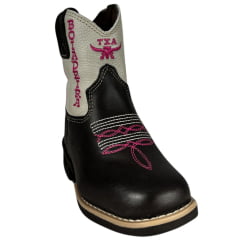 Bota Texana Infantil Aragoni Feminina Couro Fóssil Café C/ Marfim C/ Zíper E Bordado Boiadeira Em Rosa C/ LED Ref:A006L