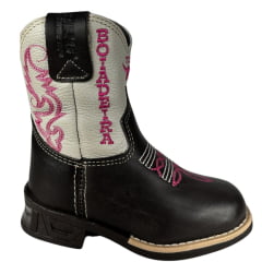 Bota Texana Infantil Aragoni Feminina Couro Fóssil Café C/ Marfim C/ Zíper E Bordado Boiadeira Em Rosa C/ LED Ref:A006L